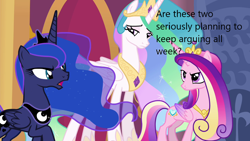 Size: 1280x720 | Tagged: safe, edit, edited screencap, screencap, princess cadance, princess celestia, princess luna, pony, derpibooru, g4, twilight's kingdom, caption, image macro, meta, text