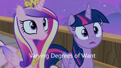 Size: 1280x720 | Tagged: safe, edit, edited screencap, screencap, princess cadance, twilight sparkle, alicorn, pony, g4, once upon a zeppelin, airship, caption, image macro, meme, sisters-in-law, text, twilight sparkle (alicorn), varying degrees of want, zeppelin