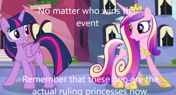 Size: 1218x659 | Tagged: safe, edit, edited screencap, screencap, princess cadance, twilight sparkle, alicorn, pony, derpibooru, g4, the times they are a changeling, caption, image macro, meta, sisters-in-law, text, twilight sparkle (alicorn)