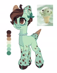 Size: 1594x2048 | Tagged: safe, artist:p0nyplanet, oc, oc only, earth pony, food pony, ice cream pony, pony, adoptable, chest fluff, colored belly, colored ear fluff, colored hooves, ear fluff, female, food, ice cream, ice cream cone, ice cream tail, jewelry, mare, mint, mint chocolate chip, necklace, pearl necklace, ponified, simple background, solo, waffle cone, waffle ears, white background