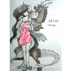 Size: 696x716 | Tagged: safe, artist:tigra0118, discord, princess celestia, draconequus, anthro, g4, blushing, clothes, crossed arms, dress, duo, female, inktober, interspecies, long tongue, male, ship:dislestia, shipping, sketch, straight, tongue out