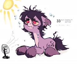 Size: 2048x1716 | Tagged: safe, artist:p0nyplanet, oc, oc only, oc:mort, earth pony, pony, fan, simple background, sun, sweat, white background