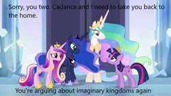 Size: 1280x720 | Tagged: safe, edit, edited screencap, screencap, princess cadance, princess celestia, princess luna, twilight sparkle, alicorn, pony, derpibooru, g4, twilight's kingdom, caption, crown, image macro, jewelry, meta, regalia, text, twilight sparkle (alicorn)