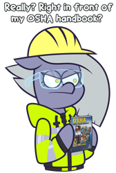 Size: 4563x6804 | Tagged: safe, artist:threetwotwo32232, limestone pie, earth pony, pony, g4, book, female, goggles, helmet, mare, osha, safety goggles, simple background, solo, transparent background