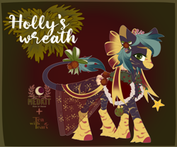 Size: 3000x2500 | Tagged: safe, artist:medkit, artist:teawithtears, oc, oc only, earth pony, original species, pony, accessory, adoptable, berry, big eyes, blaze (coat marking), bow, cape, chest fluff, christmas ball, christmas tree toys, clothes, coat markings, colored eyebrows, colored eyelashes, colored hooves, colored lineart, colored pupils, digital art, drupe, ear piercing, earring, earth pony oc, embroidery, eyebrows, eyebrows visible through hair, eyelashes, eyes open, facial markings, female, fir tree, fluffy, food, fringe, fur, gradient background, gradient mane, green eyes, hair bow, high res, jewelry, leonine tail, looking at you, mare, multicolored coat, old art, piercing, pinecone, ponified, reference sheet, ribbon, short mane, short tail, signature, smiling, smiling at you, snow, snowflake, socks (coat markings), solo, standing, stars, striped, tail, tiara, title, tree, two toned mane, veil, wall of tags