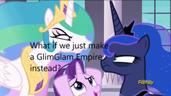 Size: 1280x720 | Tagged: safe, edit, edited screencap, screencap, princess celestia, princess luna, starlight glimmer, alicorn, pony, unicorn, derpibooru, a royal problem, g4, caption, image macro, meta, text