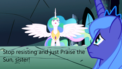 Size: 1366x768 | Tagged: safe, edit, edited screencap, screencap, princess celestia, princess luna, alicorn, pony, derpibooru, friendship is magic, g4, caption, image macro, meta, s1 luna, text