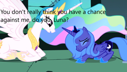 Size: 1366x768 | Tagged: safe, edit, edited screencap, screencap, princess celestia, princess luna, alicorn, pony, derpibooru, friendship is magic, g4, caption, downvote bait, image macro, meta, op is a duck, s1 luna, text