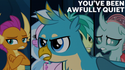 Size: 2000x1125 | Tagged: safe, edit, edited screencap, editor:quoterific, screencap, gallus, ocellus, sandbar, silverstream, smolder, changedling, changeling, dragon, earth pony, griffon, hippogriff, pony, g4, uprooted