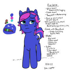 Size: 1085x1031 | Tagged: safe, artist:zan logemlor, oc, oc only, oc:fine wine, pony, unicorn, alcohol, bottle, cutie mark, female, horn, mare, reference sheet, signature, simple background, solo, text, unicorn oc, white background