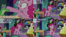 Size: 2000x1125 | Tagged: safe, edit, edited screencap, editor:quoterific, screencap, gummy, pinkie pie, alligator, earth pony, pony, g4, secrets and pies, balloon, file cabinet, party cave