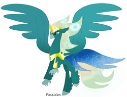 Size: 1134x873 | Tagged: safe, artist:harmonicdreemur1308, classical hippogriff, hippogriff, base used, flying, greek mythology, jewelry, peytral, poseidon, simple background, solo, species swap, spread wings, tiara, white background, wings