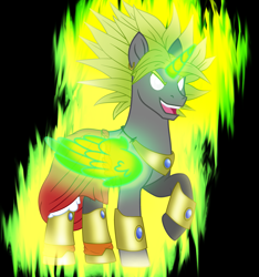 Size: 2809x2998 | Tagged: safe, artist:harmonicdreemur1308, artist:starshade, alicorn, pony, alicorn oc, artificial horn, artificial wings, augmented, base used, broly, dragon ball, dragon ball z, high res, horn, magic, magic horn, magic wings, male, ponified, raised hoof, solo, stallion, super saiyan, white eyes, wings