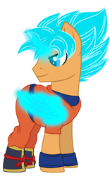 Size: 1114x1780 | Tagged: safe, artist:harmonicdreemur1308, artist:starshade, alicorn, pony, artificial horn, artificial wings, augmented, base used, dragon ball, dragon ball z, glowing, glowing horn, horn, looking back, magic, magic horn, magic wings, male, ponified, smiling, solo, son goku, stallion, wings