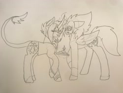 Size: 4032x3024 | Tagged: safe, artist:harmonicdreemur1308, oc, oc only, pegasus, pony, unicorn, clothes, duo, glowing, glowing horn, horn, leonine tail, lineart, pegasus oc, tail, traditional art, unicorn oc, wings