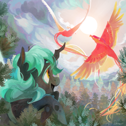 Size: 1465x1465 | Tagged: safe, artist:wolfiedrawie, oc, oc only, oc:chrys, changeling, changeling queen, phoenix, fanfic art, flying, forest, solo, sun