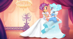 Size: 6302x3422 | Tagged: safe, artist:interstellar-quartz, scootaloo, oc, oc:jemimasparkle, human, equestria girls, g4, canon x oc, choker, cinderella, clothes, curtsey, dancing, dancing together, dress, duo, evening gloves, eyeshadow, female, gloves, gown, holding hands, lesbian, long gloves, looking at each other, looking at someone, makeup, princess, scootaloo also dresses in style, smiling, smiling at each other, waltz