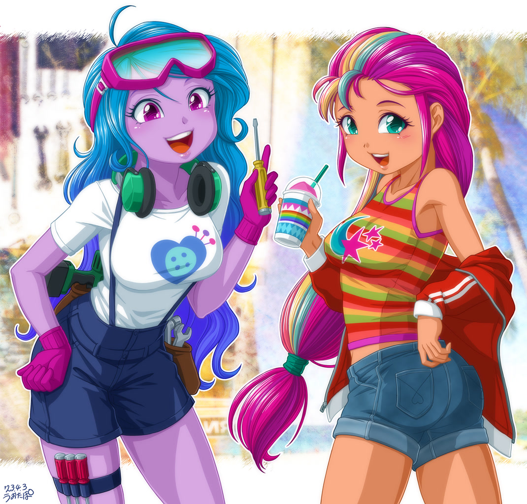 [breasts,butt,clothes,equestria girls,g5,generation leap,gloves,goggles,headphones,human,looking at you,open mouth,safe,screwdriver,smoothie,safety goggles,equestria girls-ified,artist:uotapo,cutie mark on clothes,boobs and butt pose,sunny starscout,izzy moonbow,g5 to equestria girls,sunny starbutt]