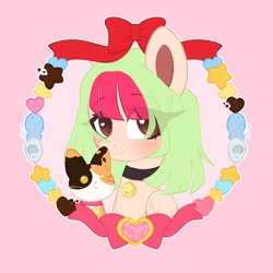 Size: 2000x2000 | Tagged: safe, artist:dreamyveon_, oc, oc only, cat, pegasus, pony, bell, blushing, bow, brown eyes, female, hair, high res, mane, mare, smiling, solo, tail, wings