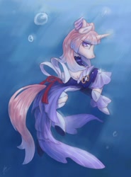 Size: 1185x1600 | Tagged: safe, artist:bezrucchi, fish, pony, unicorn, bubble, clothes, crepuscular rays, genshin impact, ocean, ponified, sangonomiya kokomi (genshin impact), sunlight, swimming, underwater, water