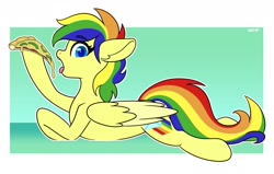 Size: 2008x1276 | Tagged: safe, artist:koapony, oc, oc only, oc:rainbow prism, pegasus, pony, caught, colored wings, colored wingtips, ears back, eyebrows, eyebrows visible through hair, food, looking at you, lying down, open mouth, pizza, prone, solo, tongue out, two toned wings, wide eyes, wings