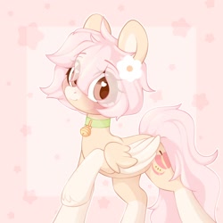 Size: 2000x2000 | Tagged: safe, artist:dreamyveon_, oc, oc only, pegasus, pony, bell, ears, ears up, flower, flower in hair, hair, heart, heart eyes, high res, looking at you, mane, pink background, pink hair, pink tail, simple background, smiling, smiling at you, solo, tail, wingding eyes, wings