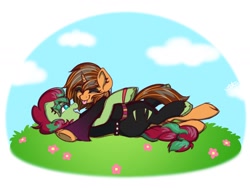 Size: 2000x1500 | Tagged: safe, artist:koapony, oc, oc only, earth pony, pony, unicorn, clothes, cuddling, eyebrows, eyebrows visible through hair, eyes closed, lying down, lying on the ground, open mouth, open smile, raspberry, smiling, tongue out, torn clothes