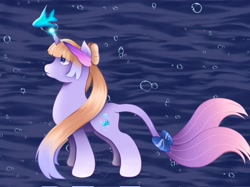 Size: 2048x1535 | Tagged: safe, artist:bubbleyfishey, fish, merpony, pony, bubble, fish tail, genshin impact, horn, ocean, ponified, sangonomiya kokomi (genshin impact), solo, tail, underwater, water