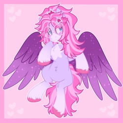 Size: 2048x2048 | Tagged: safe, artist:moonydropps, oc, oc only, pegasus, pony, female, flying, glasses, hair, high res, mane, mare, pink background, pink hair, pink mane, pink tail, simple background, smiling, solo, spread wings, tail, wings