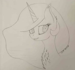 Size: 1213x1125 | Tagged: safe, artist:just rusya, derpibooru exclusive, princess celestia, alicorn, pony, g4, bust, looking back, monochrome, pencil drawing, portrait, smiling, solo, traditional art