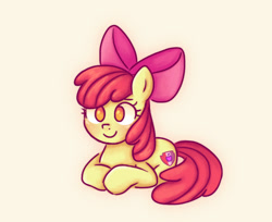 Size: 598x488 | Tagged: safe, artist:felicitea, apple bloom, earth pony, pony, g4, blushing, female, filly, foal, lying down, simple background, smiling, solo, yellow background