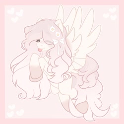 Size: 2048x2048 | Tagged: safe, artist:moonydropps, oc, oc only, pegasus, pony, :p, bow, eyes closed, flower, flower in hair, flying, hair, hair bow, high res, mane, solo, spread wings, tail, tongue out, wings