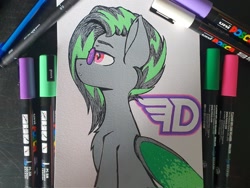 Size: 2048x1536 | Tagged: safe, artist:koapony, oc, oc only, oc:faulty, changeling, pony, chest fluff, marker drawing, photo, profile, solo, sunglasses, traditional art