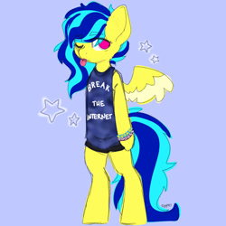 Size: 1000x1000 | Tagged: safe, artist:koapony, pegasus, semi-anthro, arm hooves, clothes, colored wings, colored wingtips, eyebrows, eyebrows visible through hair, looking at you, one eye closed, raspberry, shirt, shorts, solo, spread wings, tongue out, two toned wings, wings, wink