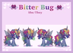 Size: 2048x1492 | Tagged: safe, artist:moonydropps, oc, oc only, oc:bitter bug, changeling, pony, female, green eyes, hair, horn, jewelry, mane, solo, spread wings, tail, wings