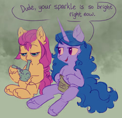 Size: 1412x1364 | Tagged: safe, artist:horse-time-babey, izzy moonbow, sunny starscout, earth pony, pony, unicorn, g5, bong, dialogue, drugs, duo, food, marijuana