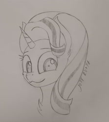 Size: 2010x2250 | Tagged: safe, derpibooru exclusive, starlight glimmer, pony, unicorn, g4, :3, bust, chest fluff, high res, looking at you, monochrome, pencil drawing, portrait, smiling, solo, traditional art