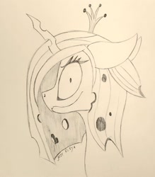 Size: 1967x2250 | Tagged: safe, artist:just rusya, derpibooru exclusive, queen chrysalis, g4, bust, creepy, fangs, looking at you, monochrome, pencil drawing, portrait, smiling, solo, traditional art