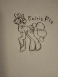 Size: 3120x4160 | Tagged: safe, pinkie pie, earth pony, pony, g4, 2d, bad quality, chibi, cute, doodle, female, grayscale, hair, mare, monochrome, original art, original style, paper, pencil drawing, side view, sketch, tail, traditional art