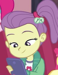 Size: 367x467 | Tagged: safe, screencap, lily pad (g4), human, equestria girls, g4, my little pony equestria girls: better together, pinkie sitting, cellphone, cropped, phone, smartphone, solo