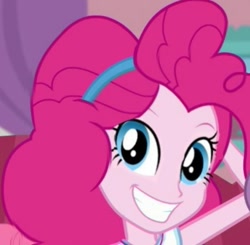 Size: 431x422 | Tagged: safe, screencap, pinkie pie, human, equestria girls, g4, my little pony equestria girls: better together, pinkie sitting, cropped, smiling, solo