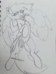 Size: 768x1024 | Tagged: safe, artist:koapony, oc, oc only, oc:koa, pegasus, pony, eyebrows, eyebrows visible through hair, looking at you, microphone, microphone stand, singing, solo, spread wings, traditional art, wings