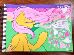 Size: 1024x768 | Tagged: safe, artist:koapony, fluttershy, butterfly, pegasus, pony, g4, chest fluff, colored wings, colored wingtips, eyebrows, eyebrows visible through hair, eyes closed, heart, open mouth, open smile, singing, smiling, solo, traditional art, two toned wings, windswept mane, wings