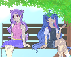 Size: 1280x1033 | Tagged: safe, artist:brooklynsentryyt, oc, oc only, human, series:friendship is forever, bench, bracelet, clothes, duo, ear piercing, earring, hat, humanized, jewelry, leaves, looking at you, park bench, piercing, smiling, socks, striped socks, talking, tiara, tree, witch hat