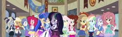 Size: 1280x394 | Tagged: safe, artist:brooklynsentryyt, artist:krystal-red-squirrel, applejack, fluttershy, pinkie pie, rainbow dash, oc, human, equestria girls, g4, alternate hairstyle, camera, canterlot high, collaboration, frown, looking at each other, looking at someone, selfie, smiling, speedpaint