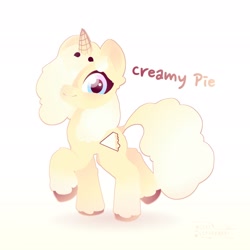 Size: 2048x2048 | Tagged: safe, artist:goldentechcat, oc, oc only, oc:creamy pie, pony, unicorn, female, hair over one eye, high res, looking at you, simple background, solo, text, white background