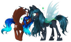 Size: 4485x2649 | Tagged: safe, artist:angellightyt, queen chrysalis, oc, oc:aine aisling, alicorn, changeling, changeling queen, pony, g4, art trade, blushing, canon x oc, duo, fangs, female, lesbian, shipping, simple background, transparent background, transparent wings, wings