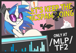 Size: 4299x3035 | Tagged: safe, dj pon-3, vinyl scratch, pegasus, pony, unicorn, g4, /mlp/ tf2 general, dialogue box, dj booth, exclamation point, ghostly gibus, gibus, hat, micspam, rocket jump, rocket launcher, scout (tf2), silhouette, soldier, soldier (tf2), team fortress 2, text, vinyl's glasses, weapon
