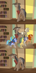 Size: 1280x2562 | Tagged: safe, artist:lolepopenon, oc, oc:oliver, oc:sandy, earth pony, pegasus, pony, ask billie the kid, bookshelf, comic, hat