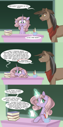 Size: 1280x2562 | Tagged: safe, artist:lolepopenon, oc, oc:oliver, oc:sweet tales, earth pony, pony, unicorn, ask billie the kid, book, comic, duo, glasses, hat, magic, telekinesis